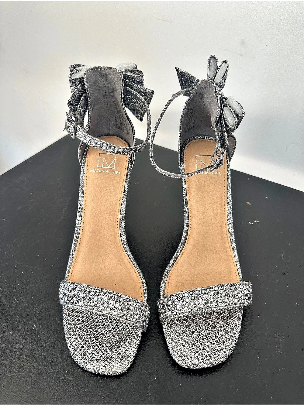 Material Girl Beverly Rhinestone Bow Heels in Silver